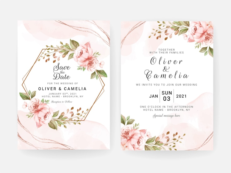 Vector plantilla de invitación de boda con decoración floral seca de melocotón y hojas. concepto de diseño de tarjeta botánica