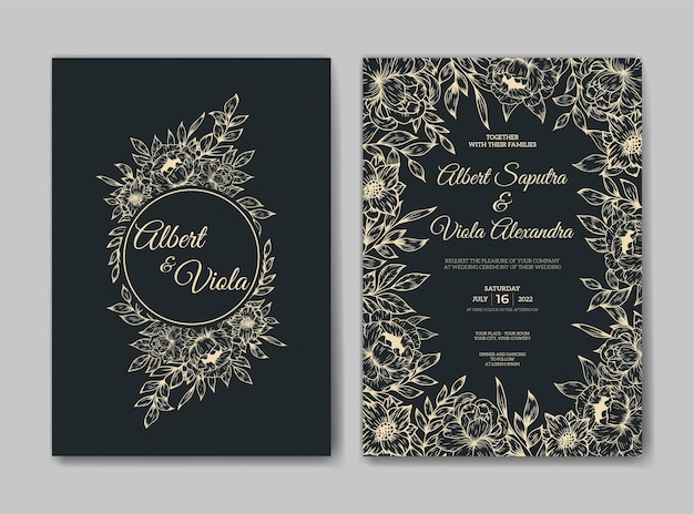 plantilla de invitación de boda con decoración de flores de contorno dibujado a mano