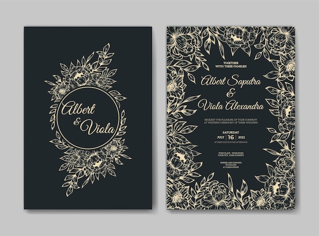 Plantilla de invitación de boda con decoración de flores de contorno dibujado a mano