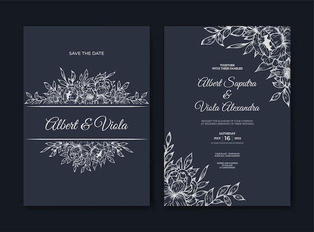 plantilla de invitación de boda con decoración de flores de contorno dibujado a mano