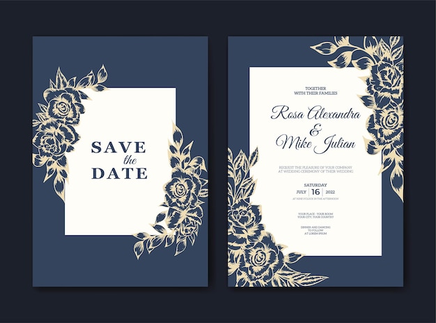 Plantilla de invitación de boda con decoración de flores de contorno dibujado a mano