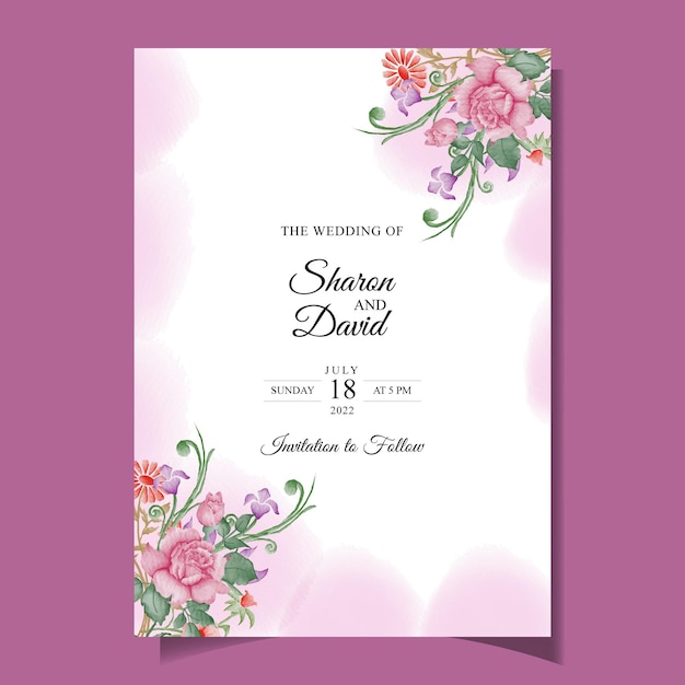 Plantilla de invitación de boda con decoración de flores y hojas de rosas de acuarela