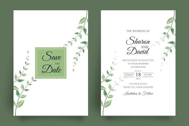 Plantilla de invitación de boda con decoración de flores y hojas de rosas de acuarela