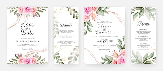 Plantilla de invitación de boda con decoración de flores y hojas de rosas púrpuras y marrones.