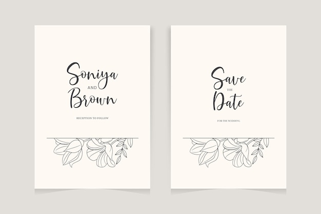 Plantilla de invitación de boda con decoración de flores rosas de contorno