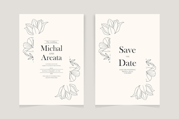 Plantilla de invitación de boda con decoración de flores rosas de contorno