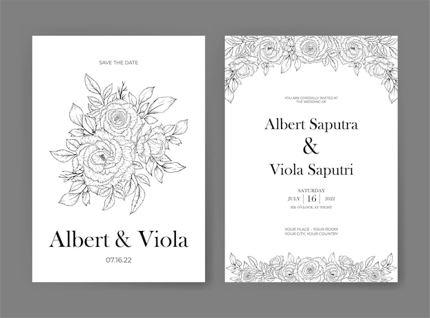 Plantilla de invitación de boda con decoración de flores rosas de contorno