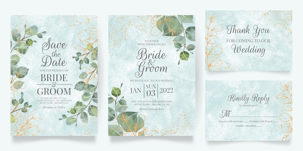 Plantilla de invitación de boda con decoración de hojas de acuarela