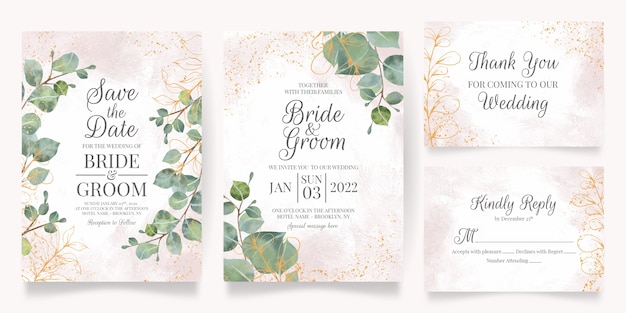 plantilla de invitación de boda con decoración de hojas de acuarela