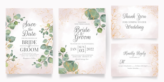 plantilla de invitación de boda con decoración de hojas de acuarela