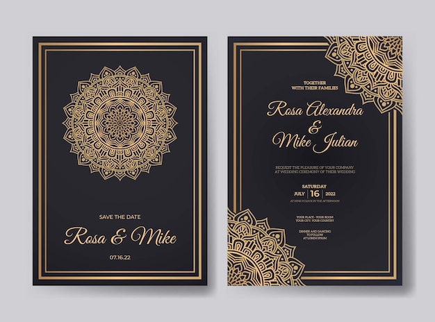 Plantilla de invitación de boda con decoración de mandala de lujo