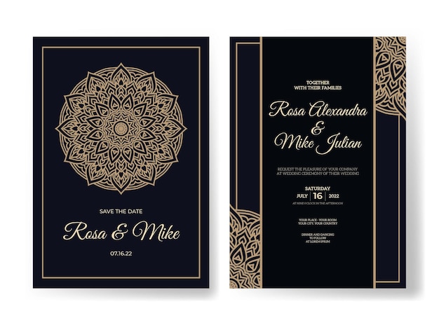 Plantilla de invitación de boda con decoración de mandala de lujo