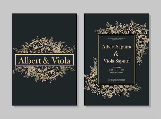 Plantilla de invitación de boda dibujada a mano con contorno de flor rosa y hojas