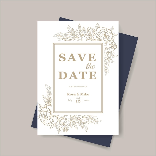 Plantilla de invitación de boda dibujada a mano con contorno de flor rosa y hojas