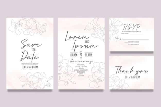 Plantilla de invitación de boda dibujada a mano con flores y hojas