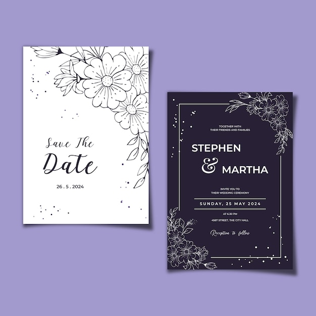 Plantilla de invitación de boda dibujada a mano hojas decorativas de borde floral simple