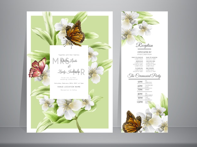 Plantilla de invitación de boda dibujada a mano de mariposa y floral