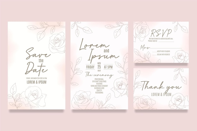 Plantilla de invitación de boda dibujada a mano con rosas y hojas