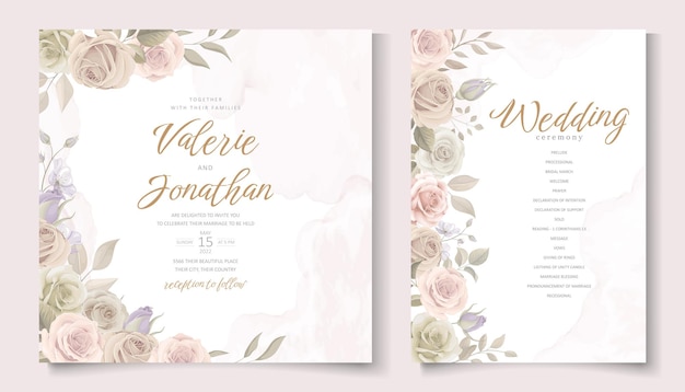 Plantilla de invitación de boda con diseño de flor de rosa