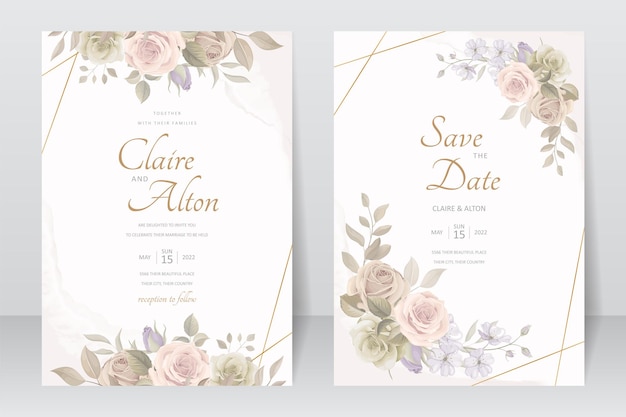 Plantilla de invitación de boda con diseño de flor de rosa