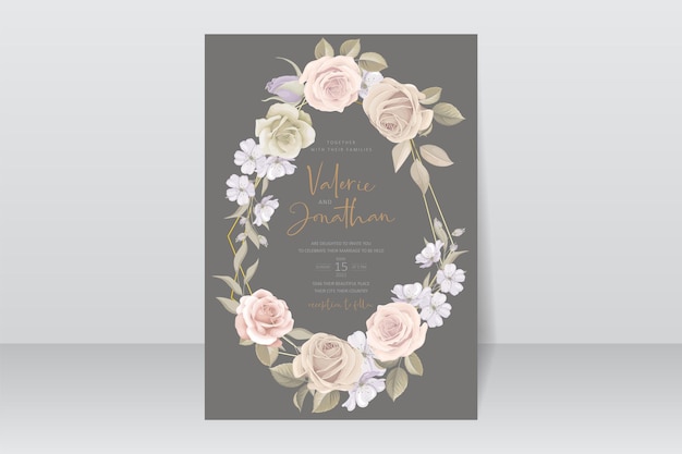 Plantilla de invitación de boda con diseño de flor de rosa