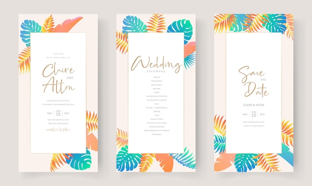 Vector plantilla de invitación de boda con diseño de hoja de palmera tropical