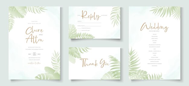 Plantilla de invitación de boda con diseño de hoja de palmera tropical