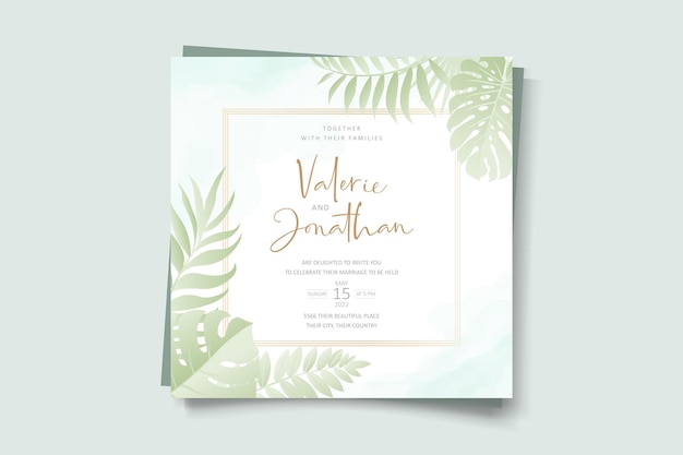Plantilla de invitación de boda con diseño de hoja de palmera tropical