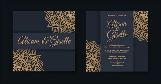 Plantilla de invitación de boda con diseño de mandala de lujo en color dorado
