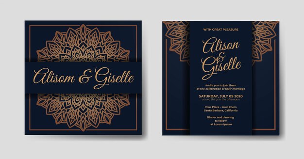 Plantilla de invitación de boda con diseño de mandala de lujo en color dorado