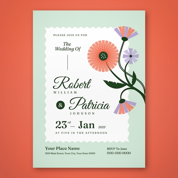 Plantilla de invitación de boda de diseño plano floral