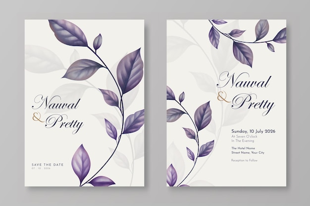 Plantilla de invitación de boda de doble cara con acuarela de hojas moradas