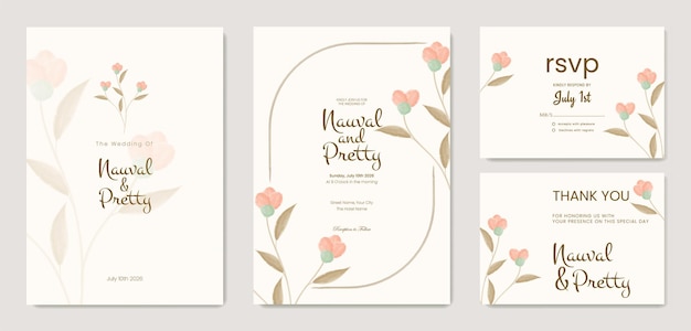 plantilla de invitación de boda de doble cara con adorno de flor de acuarela vector premium