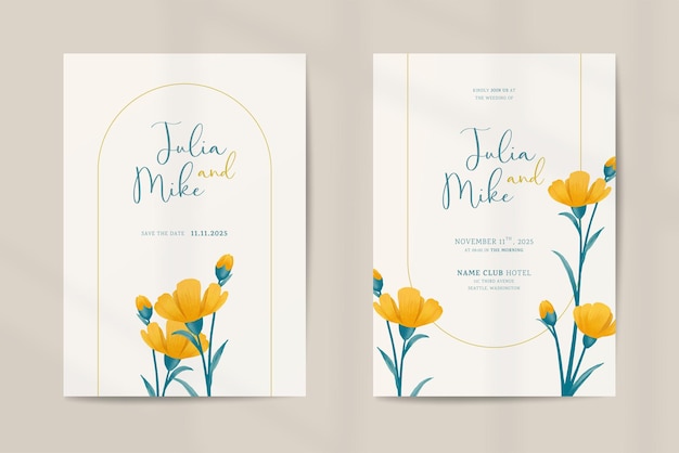 Plantilla de invitación de boda de doble cara con adornos de acuarela de flores amarillas