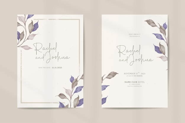 Plantilla de invitación de boda de doble cara con adornos de acuarela de hojas