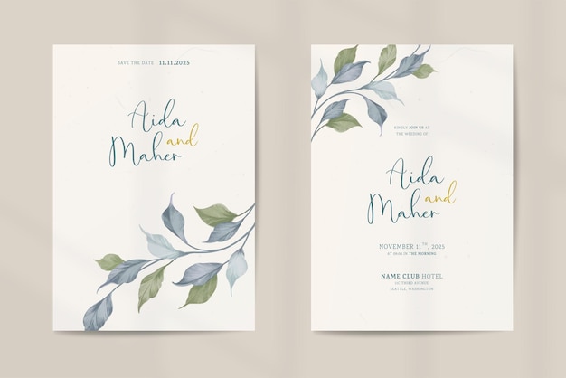 Plantilla de invitación de boda de doble cara con adornos de acuarela de hojas