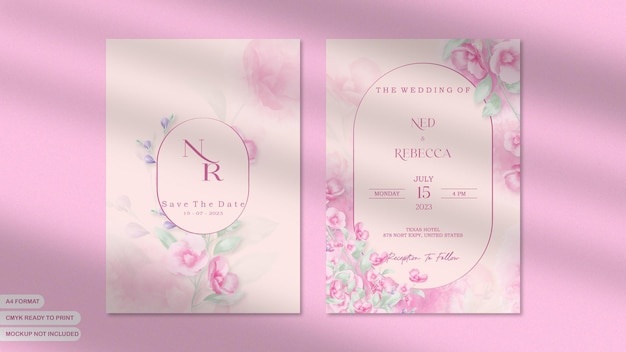 Plantilla de invitación de boda de doble cara con flor rosa