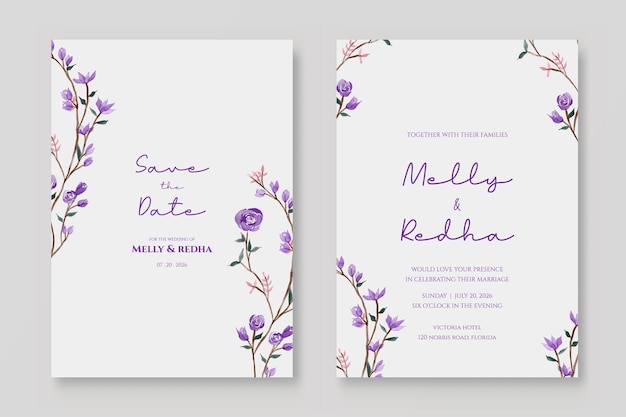 Plantilla de invitación de boda de doble cara con hermosas flores y hojas de acuarela