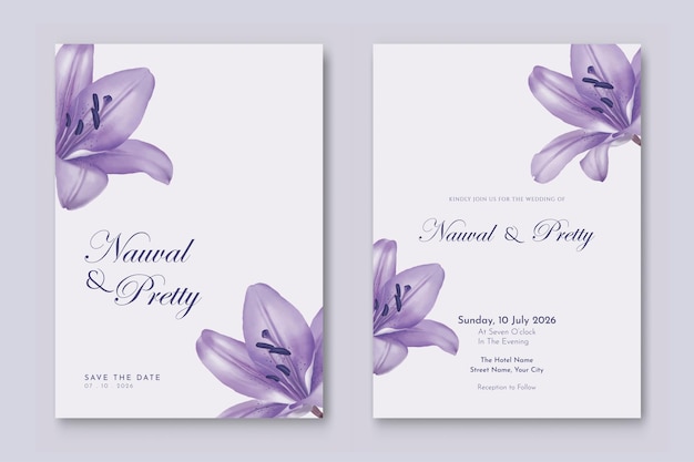 Plantilla de invitación de boda de doble cara con pintura digital de acuarela de flor de lirio púrpura
