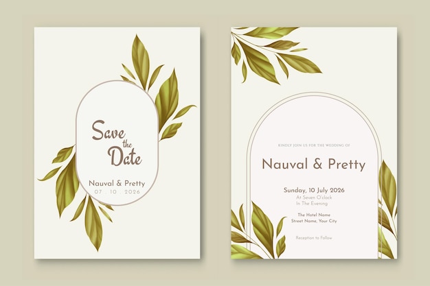 Vector plantilla de invitación de boda de doble cara con pintura digital de acuarela de hojas doradas