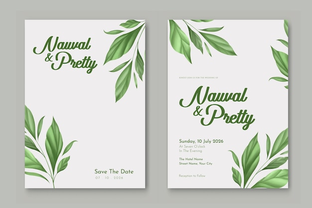 Plantilla de invitación de boda de doble cara con pintura digital de acuarela de hojas verdes