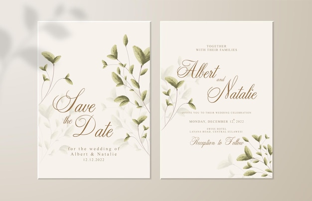 Plantilla de invitación de boda de doble cara con tema de hojas