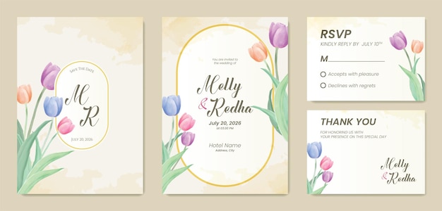 Plantilla de invitación de boda de doble cara de tulipán colorido hermoso vector premium