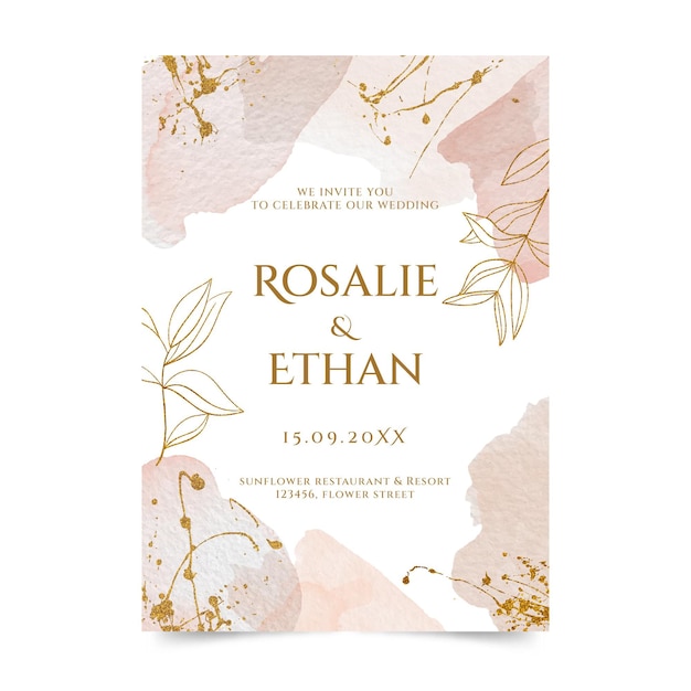 Plantilla de invitación de boda dorada en acuarela pintada a mano