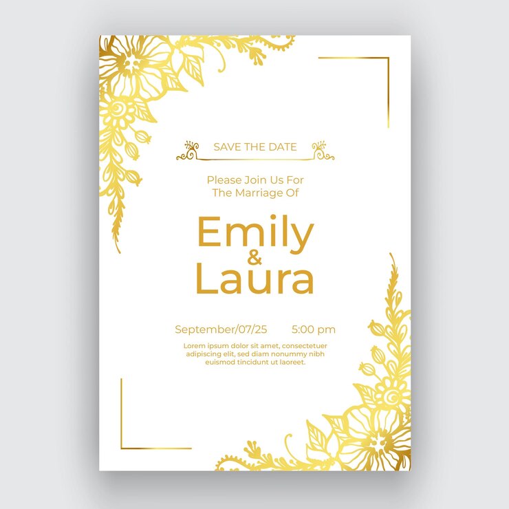 plantilla de invitación de boda dorada dibujada a mano grabada