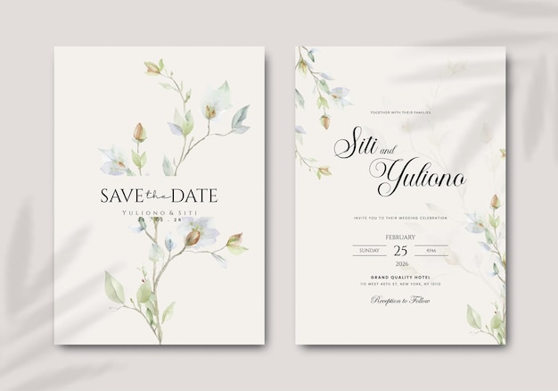 Plantilla de invitación de boda de dos caras con vector de flores de acuarela de primera calidad