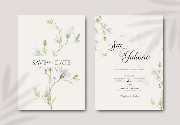 Plantilla de invitación de boda de dos caras con vector de flores de acuarela de primera calidad