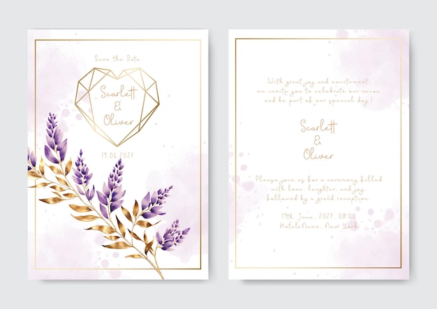 Plantilla de invitación de boda elegante abstracta sobre un fondo de lavanda púrpura