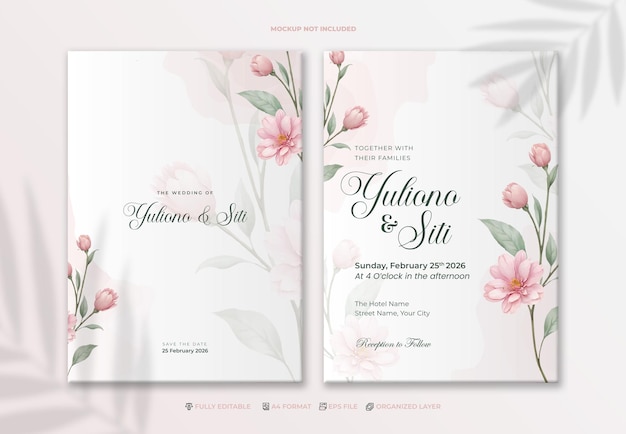 plantilla de invitación de boda elegante con acuarela de flor morada