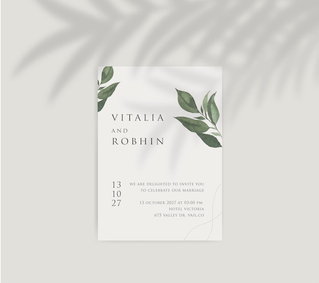 plantilla de invitación de boda con elegante acuarela minimalista de hojas verdes